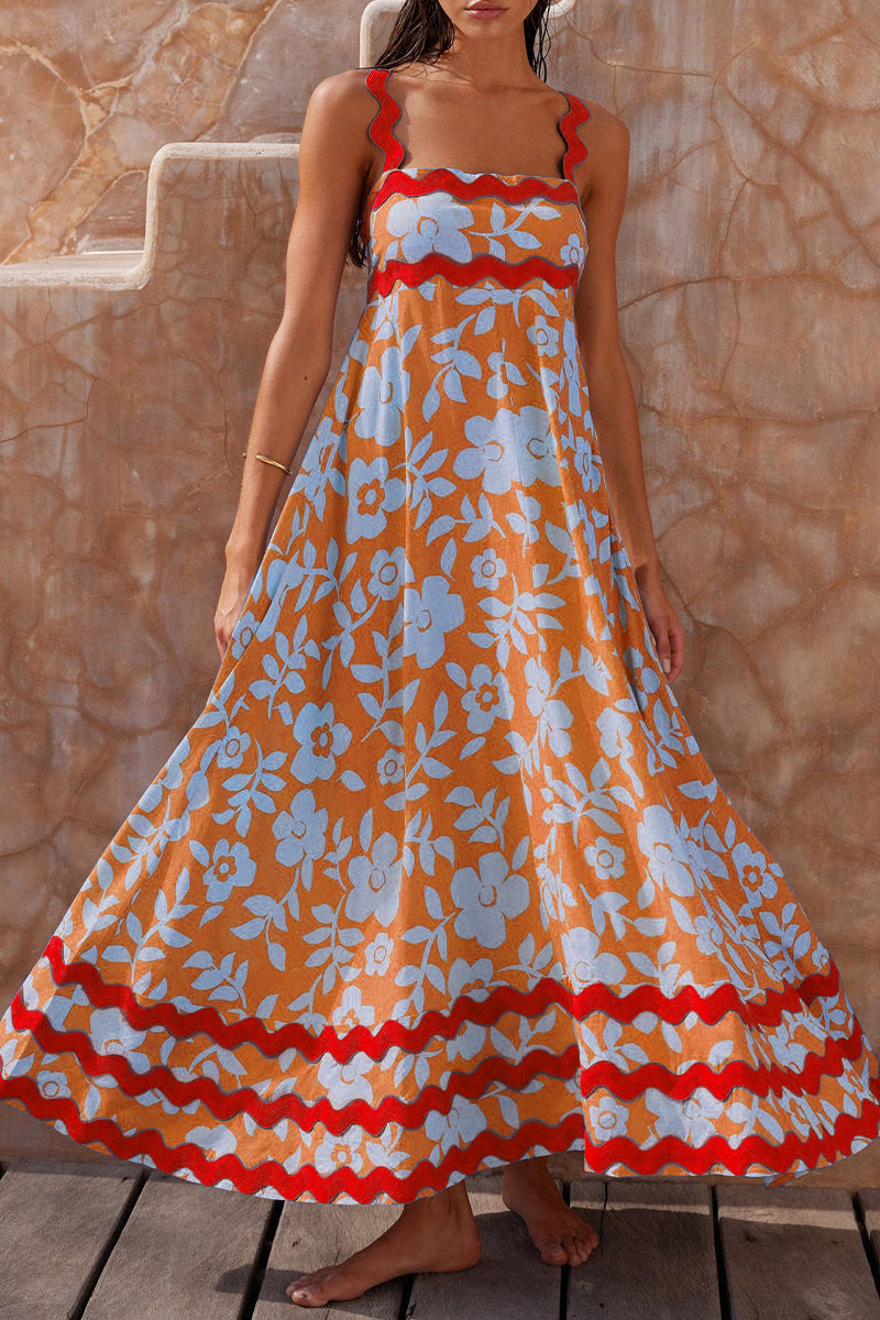 Vintage Elegant Floral Ripple Patchwork Printed Dresses Orange