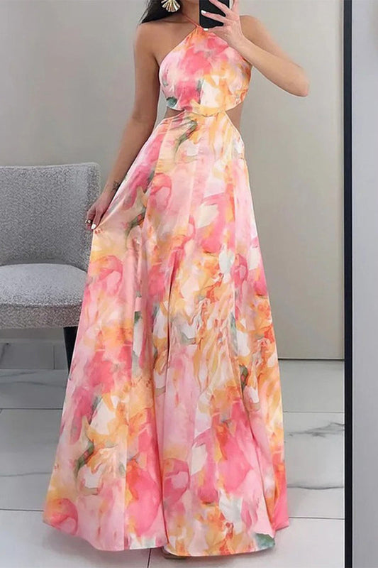 Sexy Gradient Print Hollowed Out Oblique Collar Printed Dresses Pink