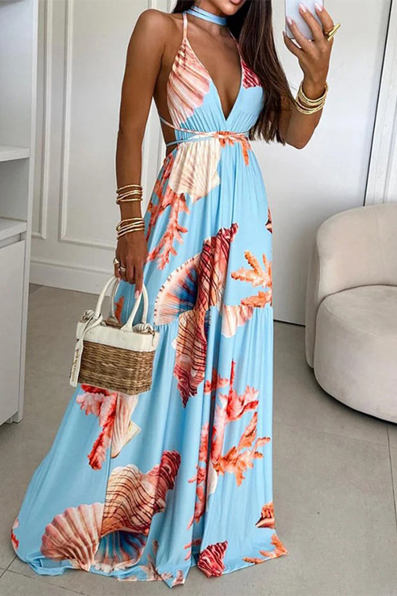 Sexy Vacation Print Frenulum Backless Halter Printed Dresses Sky Blue