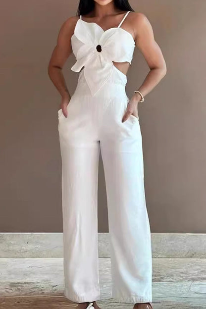 Sexy Solid Hollowed Out Pocket Flowers Regular Jumpsuits White