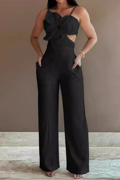 Sexy Solid Hollowed Out Pocket Flowers Regular Jumpsuits Black