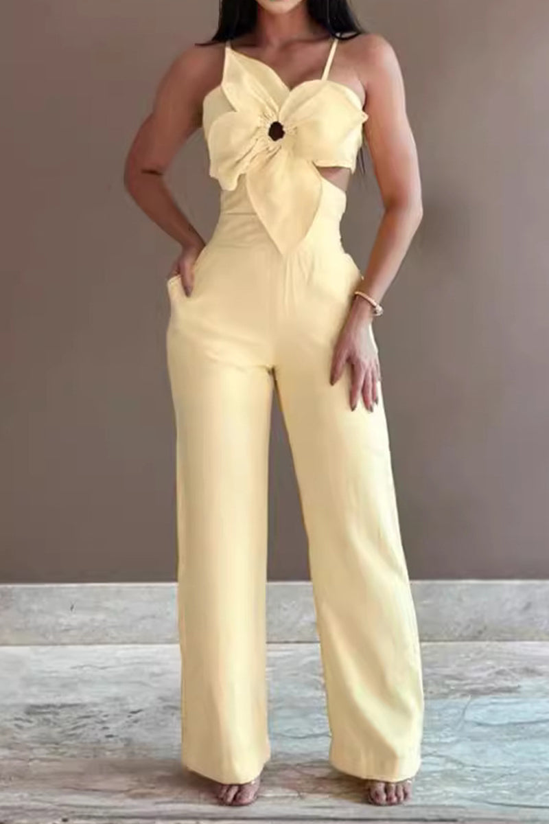 Sexy Solid Hollowed Out Pocket Flowers Regular Jumpsuits Light Yellow