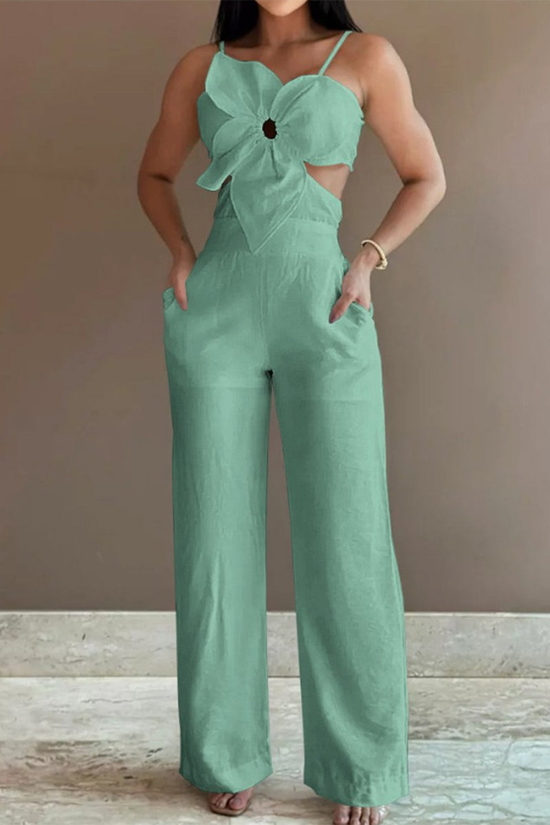 Sexy Solid Hollowed Out Pocket Flowers Regular Jumpsuits Green