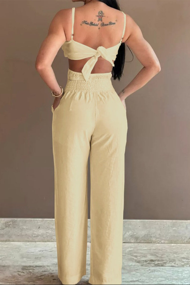 Sexy Solid Hollowed Out Pocket Flowers Regular Jumpsuits