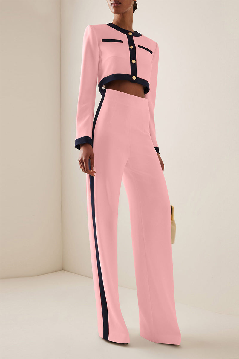 British Style Elegant Striped Patchwork Contrast O Neck Long Sleeve Two Pieces(6 Colors) Pink