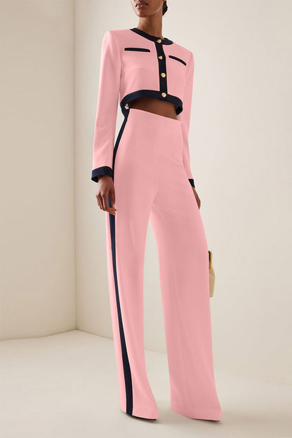 British Style Elegant Striped Patchwork Contrast O Neck Long Sleeve Two Pieces(6 Colors) Pink