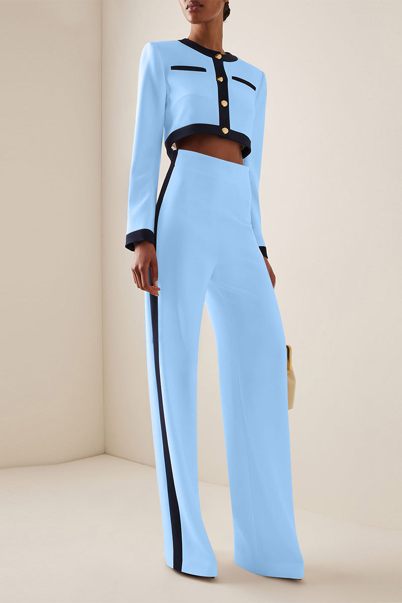 British Style Elegant Striped Patchwork Contrast O Neck Long Sleeve Two Pieces(6 Colors) Sky Blue