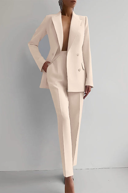 Work Elegant Solid Patchwork Pocket Turn-back Collar Long Sleeve Two Pieces(6 Colors) Apricot