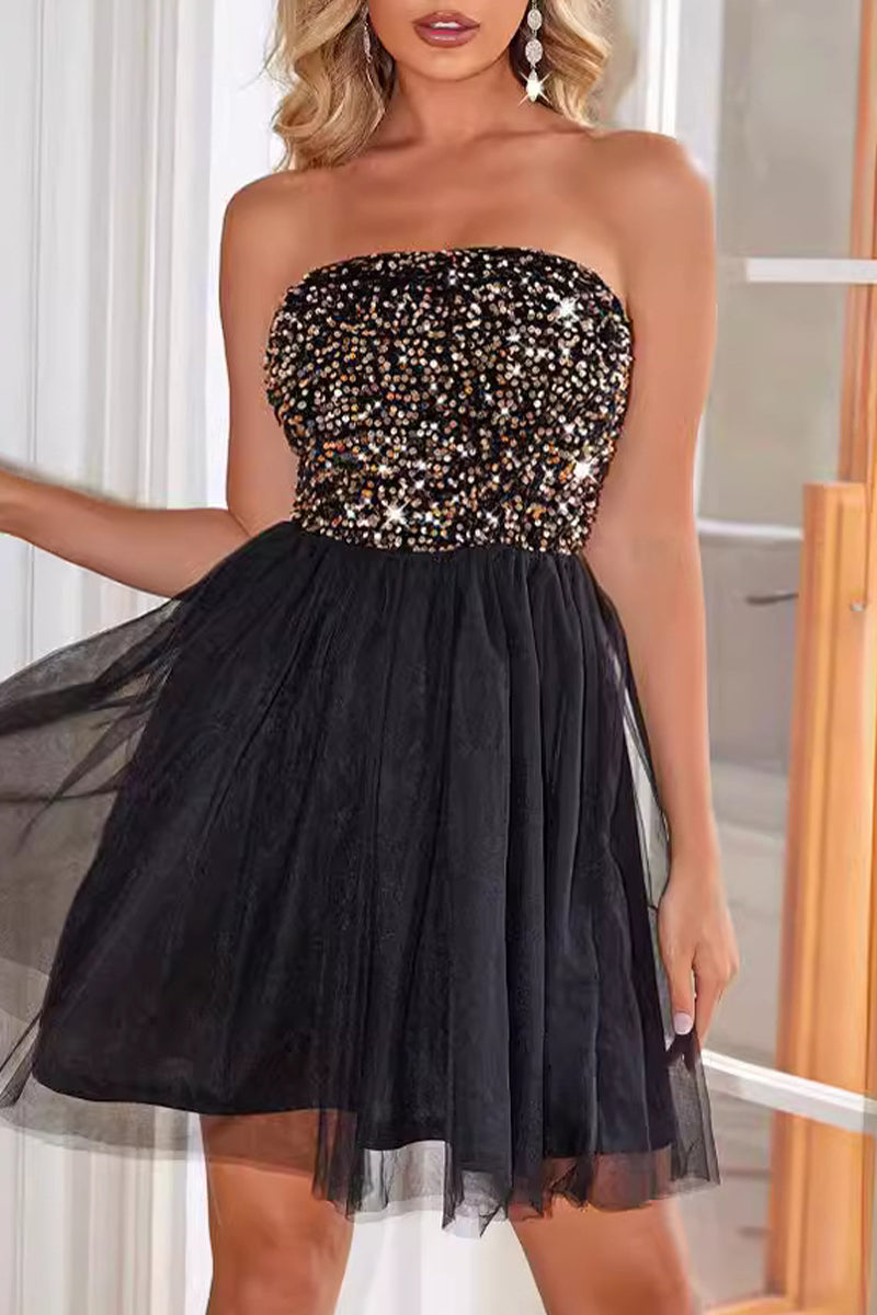 Sexy Party Solid Sequins Mesh Strapless Ball Gown Dresses Black