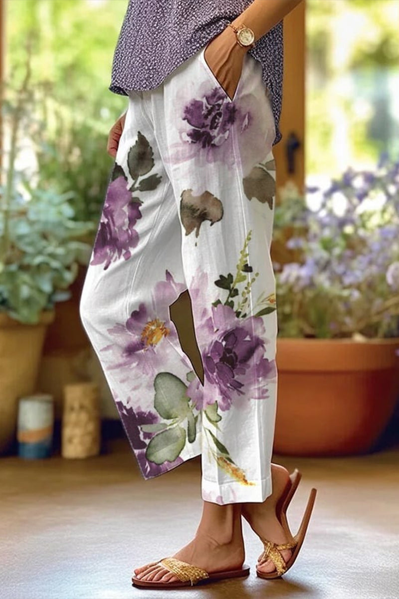 Casual Floral Patchwork Loose Mid Waist Straight Full Print Bottoms White Purple