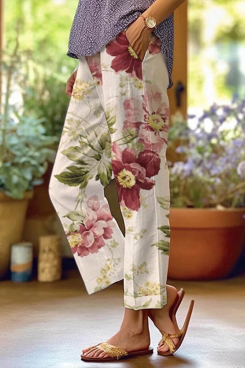 Casual Floral Patchwork Loose Mid Waist Straight Full Print Bottoms Apricot