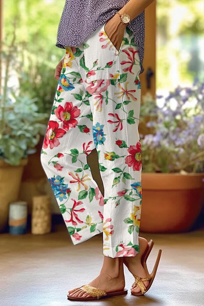 Casual Floral Patchwork Loose Mid Waist Straight Full Print Bottoms White