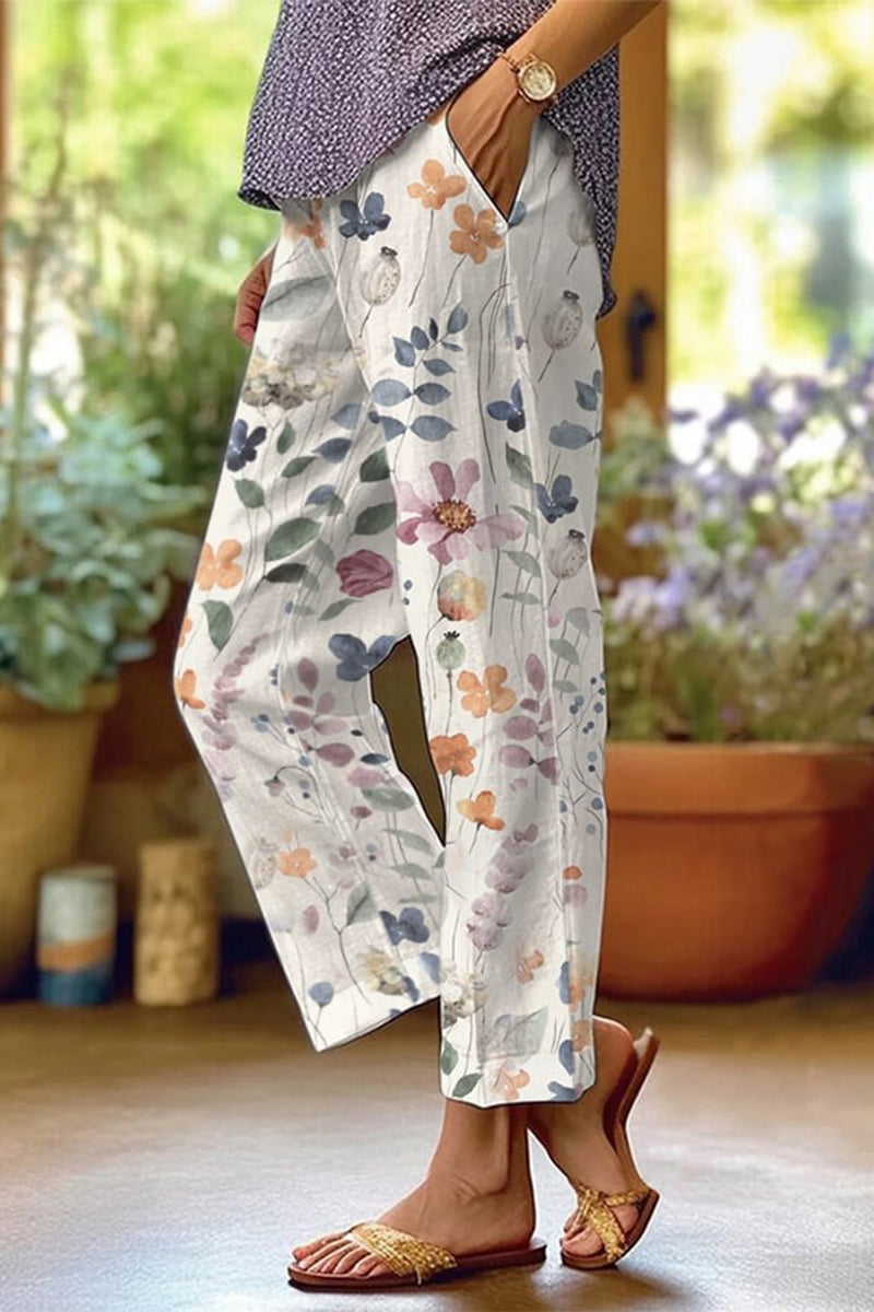 Casual Floral Patchwork Loose Mid Waist Straight Full Print Bottoms White Blue