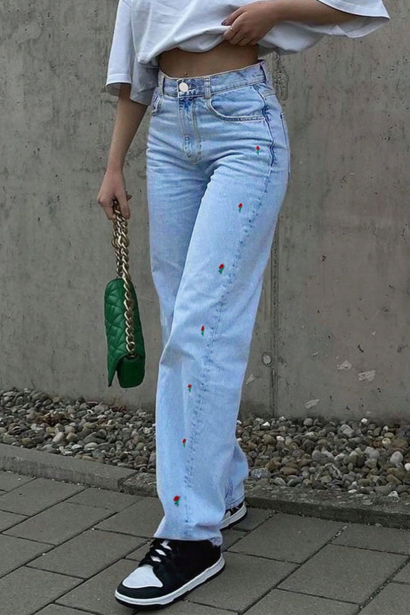 Casual Embroidery Basic High Waist Straight Denim Jeans