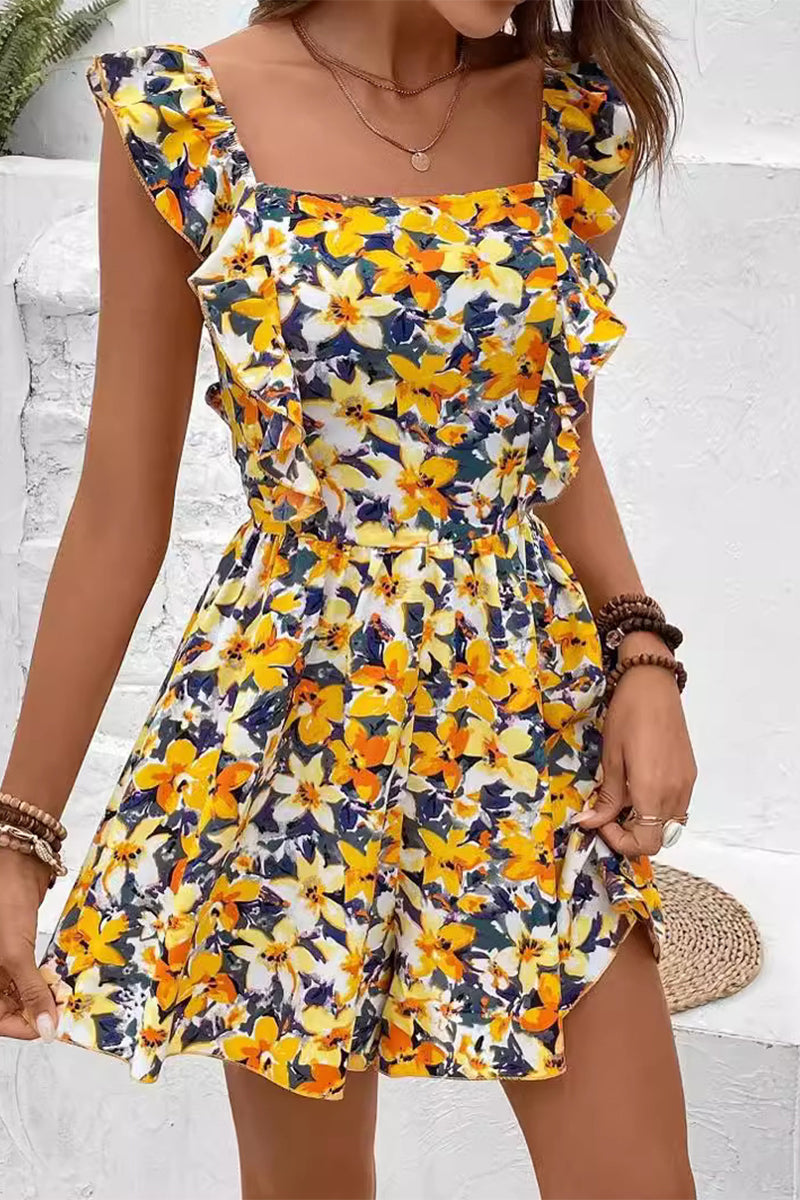 Elegant Floral Frenulum Backless Flounce Square Collar Loose Rompers(4 Colors)