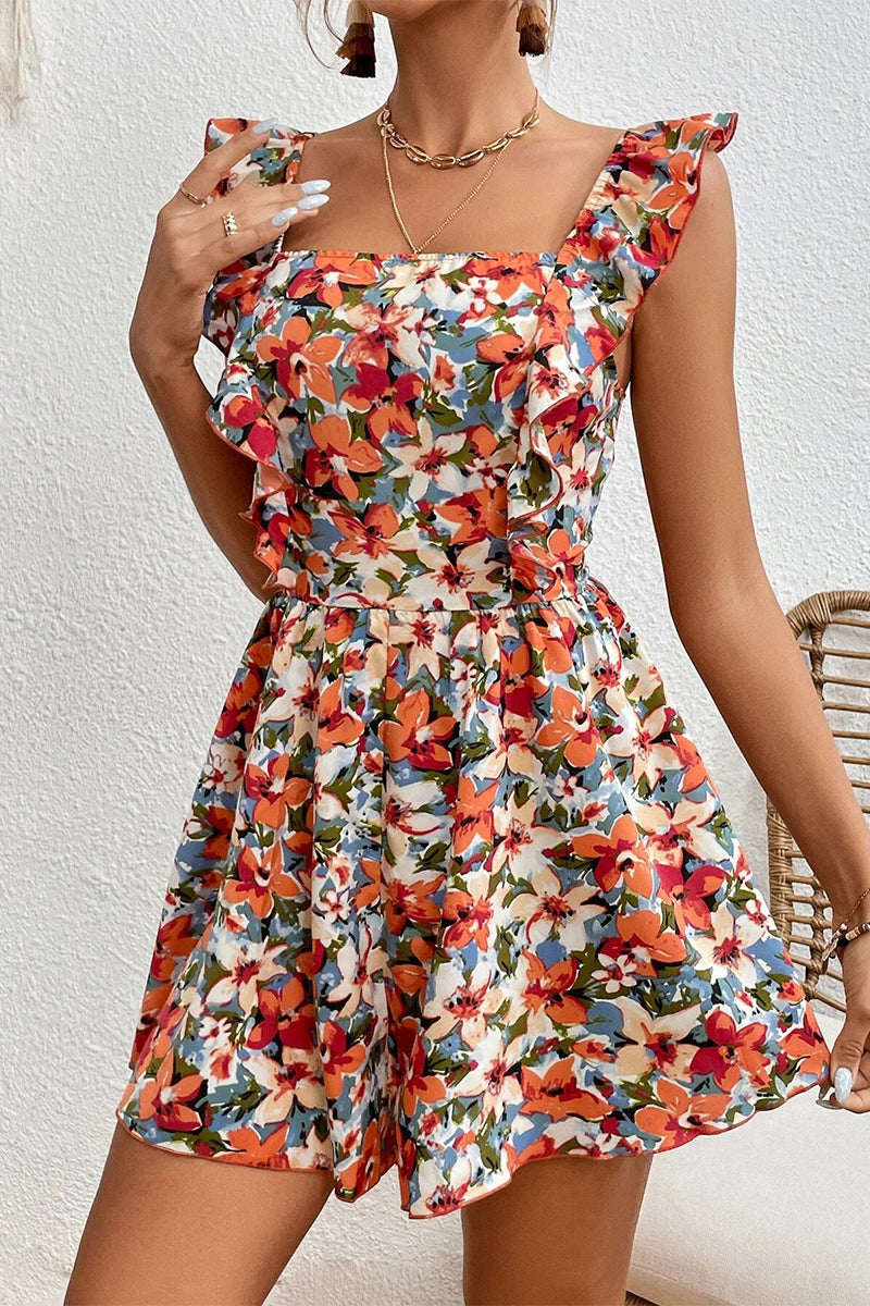 Elegant Floral Frenulum Backless Flounce Square Collar Loose Rompers(4 Colors) Orange Red