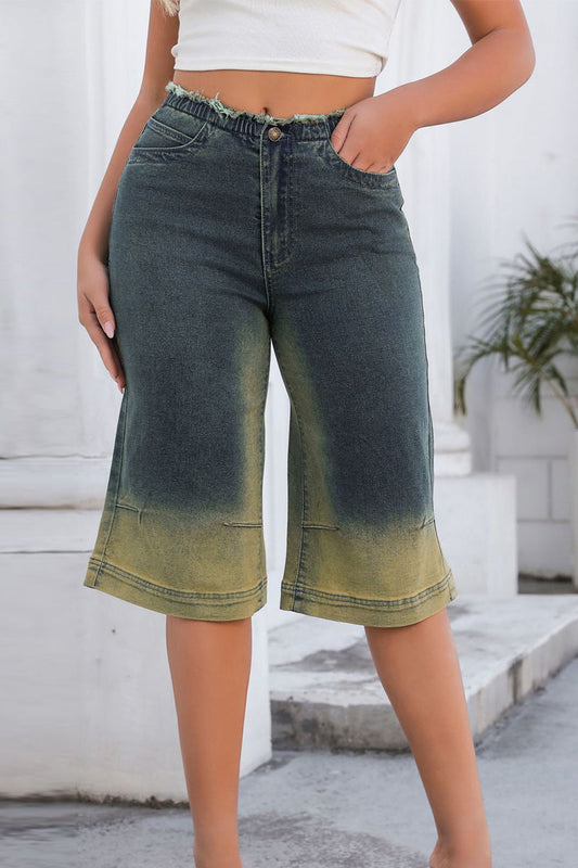 Casual Vintage Gradient Make Old Patchwork Pocket Buttons Zipper Mid Waist Loose Denim Shorts Ink Green