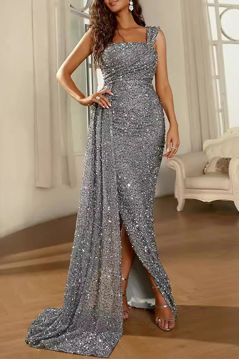 Sexy Formal Solid Sequins Slit Square Collar Evening Dresses Silver Gray