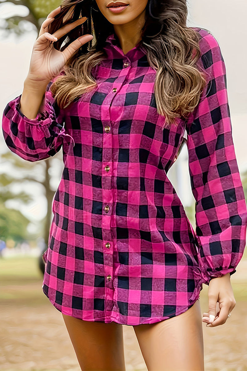 Casual Sweet Plaid Buckle Contrast Turndown Collar Shirt Dresses