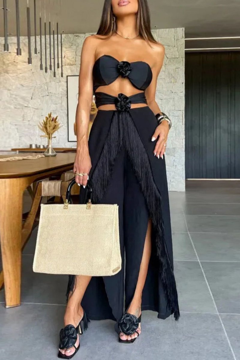 Sexy Casual Solid Tassel Hollowed Out Backless Slit Strapless Sleeveless Two Pieces Black