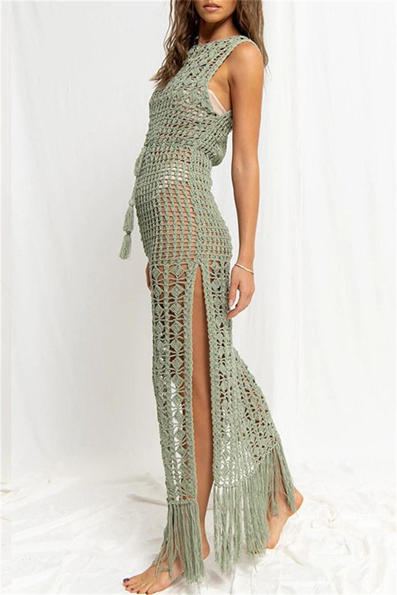 Casual Solid Tassel Hollowed Out See-through Slit O Neck Beach Dresses