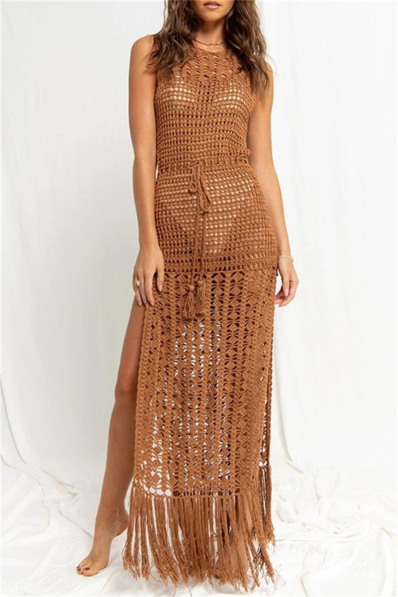 Casual Solid Tassel Hollowed Out See-through Slit O Neck Beach Dresses Khaki