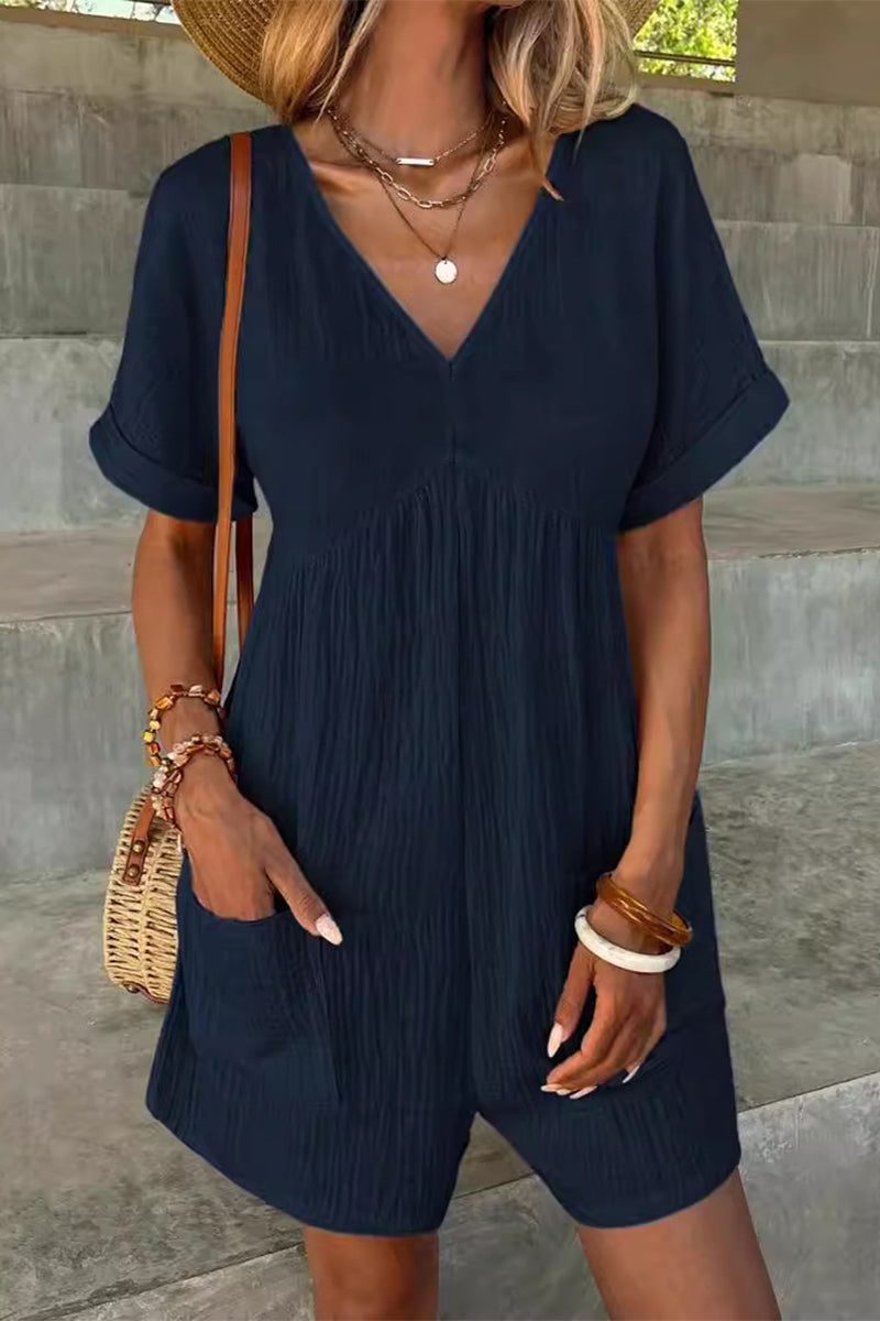 Casual Simplicity Solid Pocket V Neck Loose Rompers(5 Colors) Navy Blue