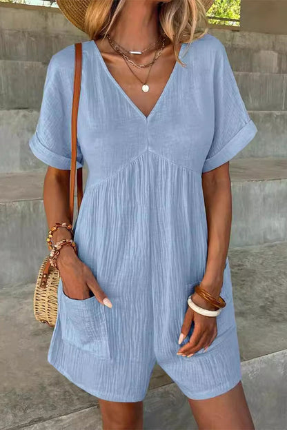 Casual Simplicity Solid Pocket V Neck Loose Rompers(5 Colors) Light Blue