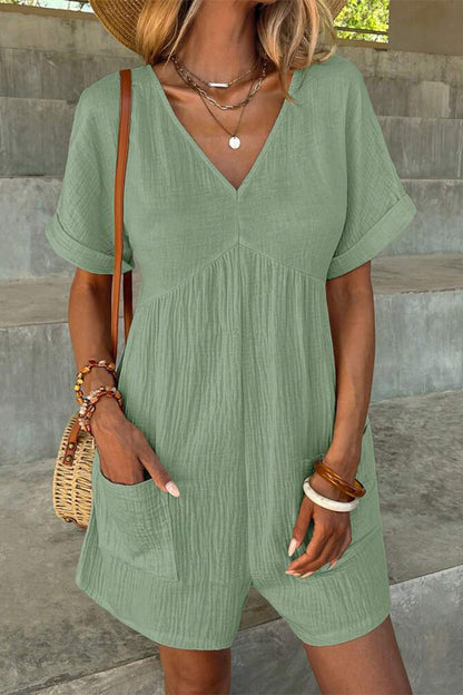 Casual Simplicity Solid Pocket V Neck Loose Rompers(5 Colors) Mint green