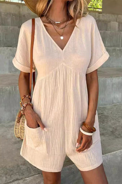 Casual Simplicity Solid Pocket V Neck Loose Rompers(5 Colors) Apricot