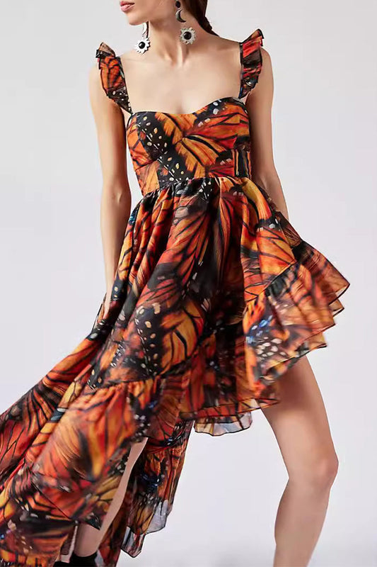 Sexy Butterfly Print Flounce Asymmetrical Square Collar Irregular Dresses Multicolor