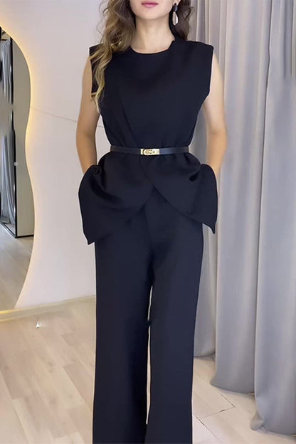 Elegant Simplicity Solid Pocket O Neck Sleeveless Two Pieces Black