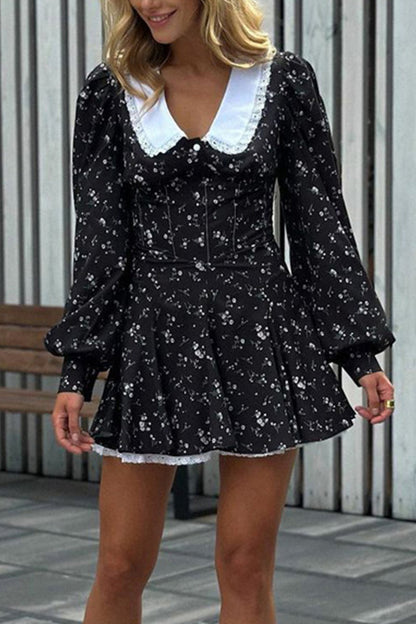 Elegant Floral Buttons Peter Pan Collar A Line Dresses Black