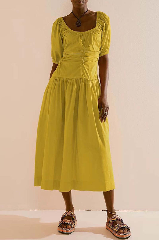 Casual Solid Basic U Neck Long Dresses Yellow