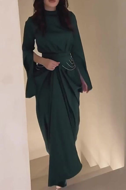 Elegant Solid Slit Half A Turtleneck Waist Skirt Dresses(3 Colors) Ink Green