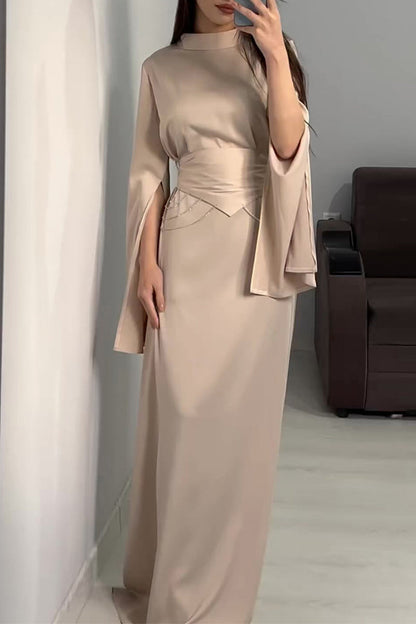 Elegant Solid Slit Half A Turtleneck Waist Skirt Dresses(3 Colors) Champagne