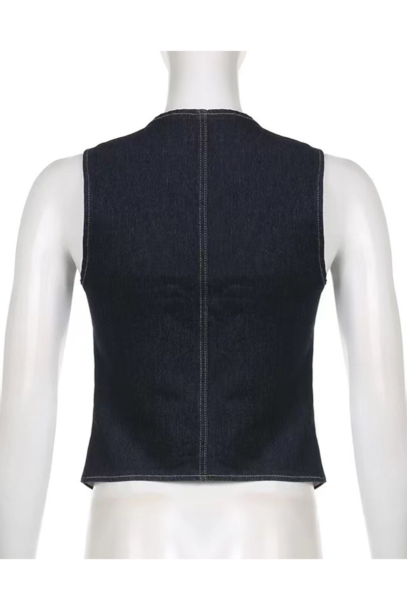 Casual Solid Pocket Buttons V Neck Sleeveless Regular Denim Jacket