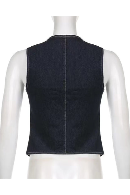 Casual Solid Pocket Buttons V Neck Sleeveless Regular Denim Jacket