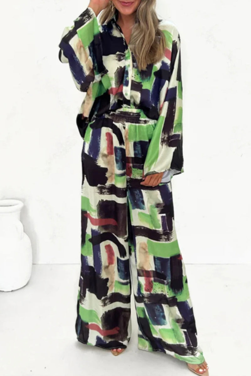 Casual College Geometric Print Contrast Turndown Collar Long Sleeve Two Pieces(6 Colors) Green