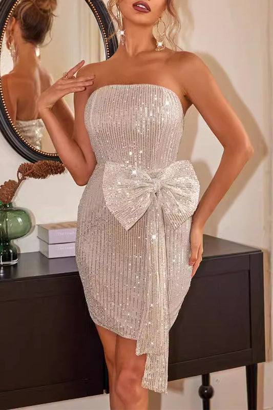 Sexy Formal Solid Sequins Sequined With Bow Strapless Evening Dresses Champagne