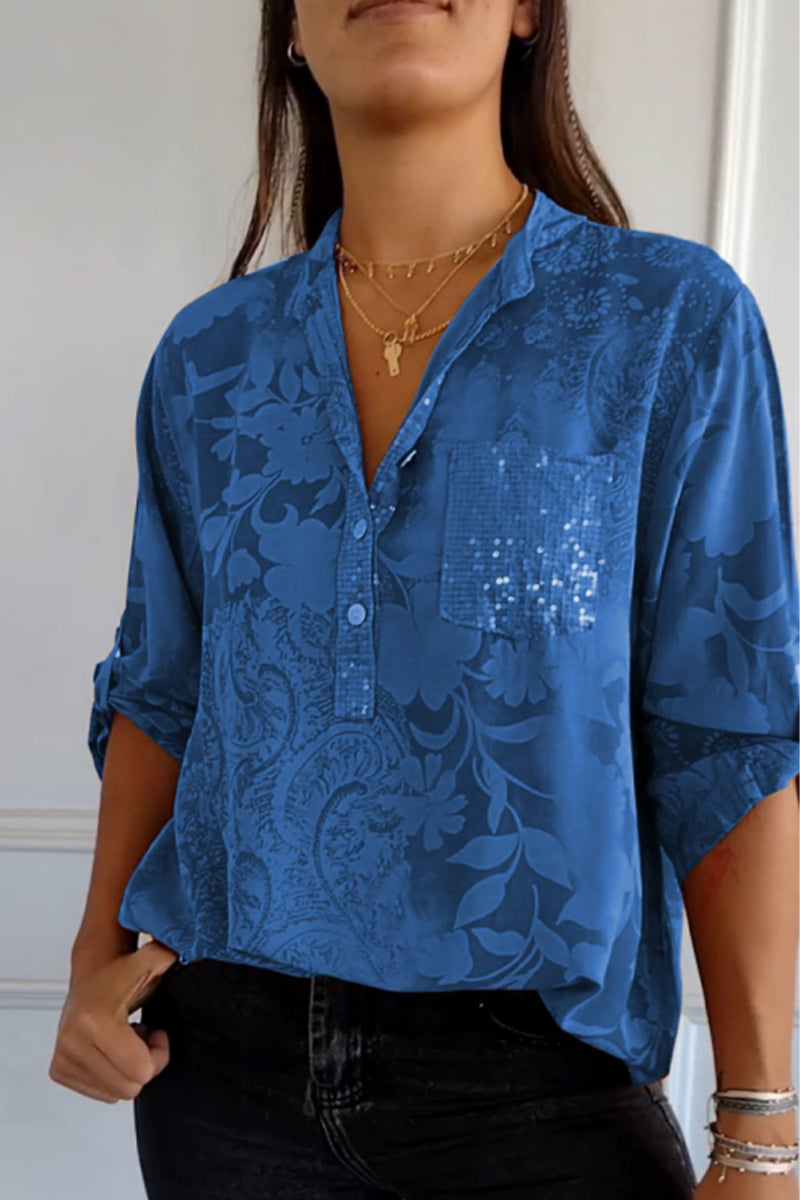 Floral Pocket Contrast Mandarin Collar Blouses(10 Colors) Deep Blue