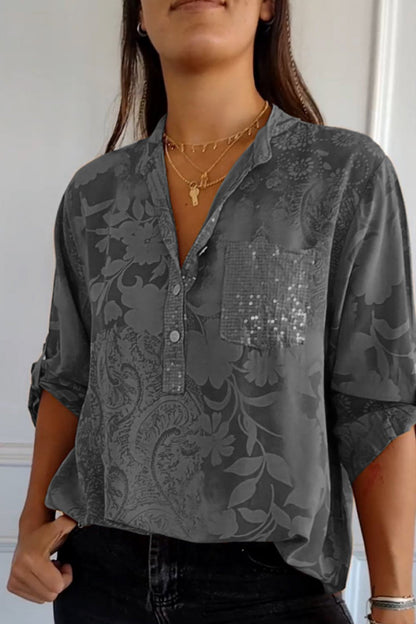 Floral Pocket Contrast Mandarin Collar Blouses(10 Colors) Grey