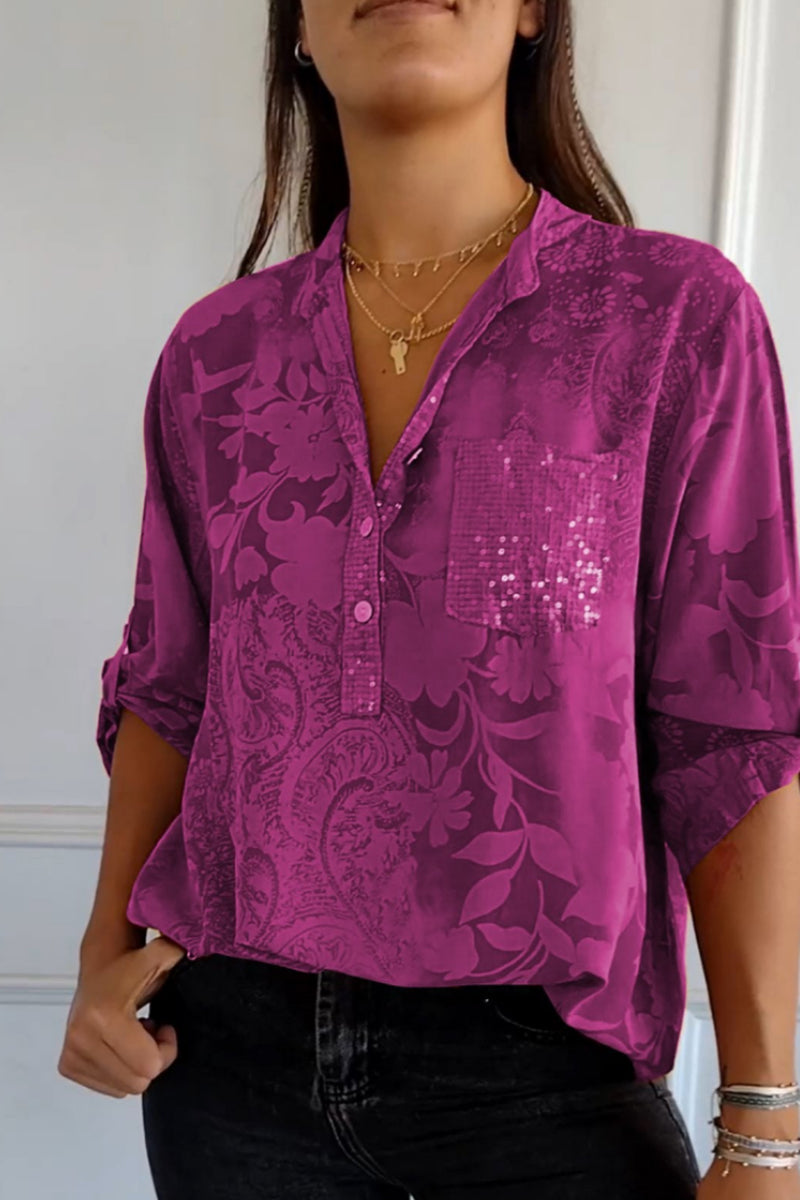 Floral Pocket Contrast Mandarin Collar Blouses(10 Colors) Fuchsia