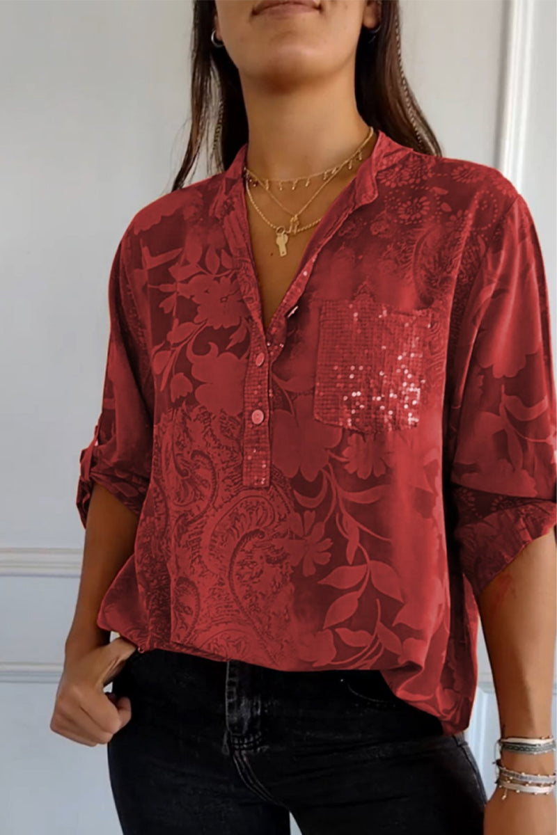 Floral Pocket Contrast Mandarin Collar Blouses(10 Colors) Red