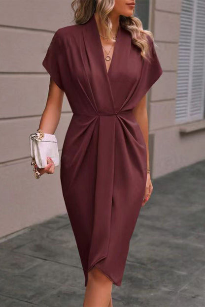 Elegant Solid Fold V Neck A Line Dresses(7 Colors) Reddish Brown