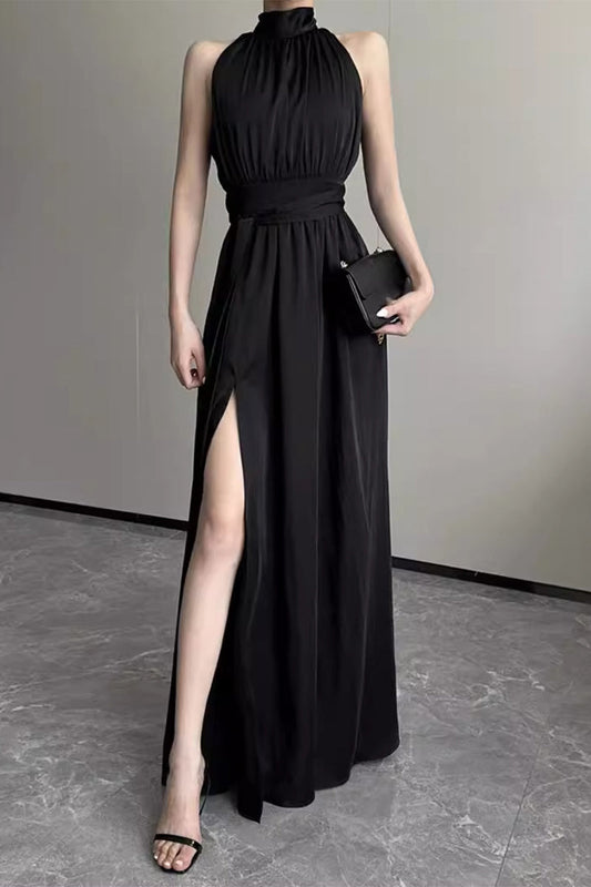 Celebrities Elegant Solid Slit Fold Halter Waist Skirt Dresses Black