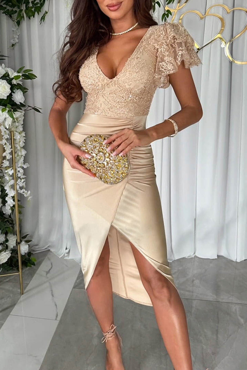 Celebrities Elegant Solid Sequins Fold V Neck Wrapped Skirt Dresses