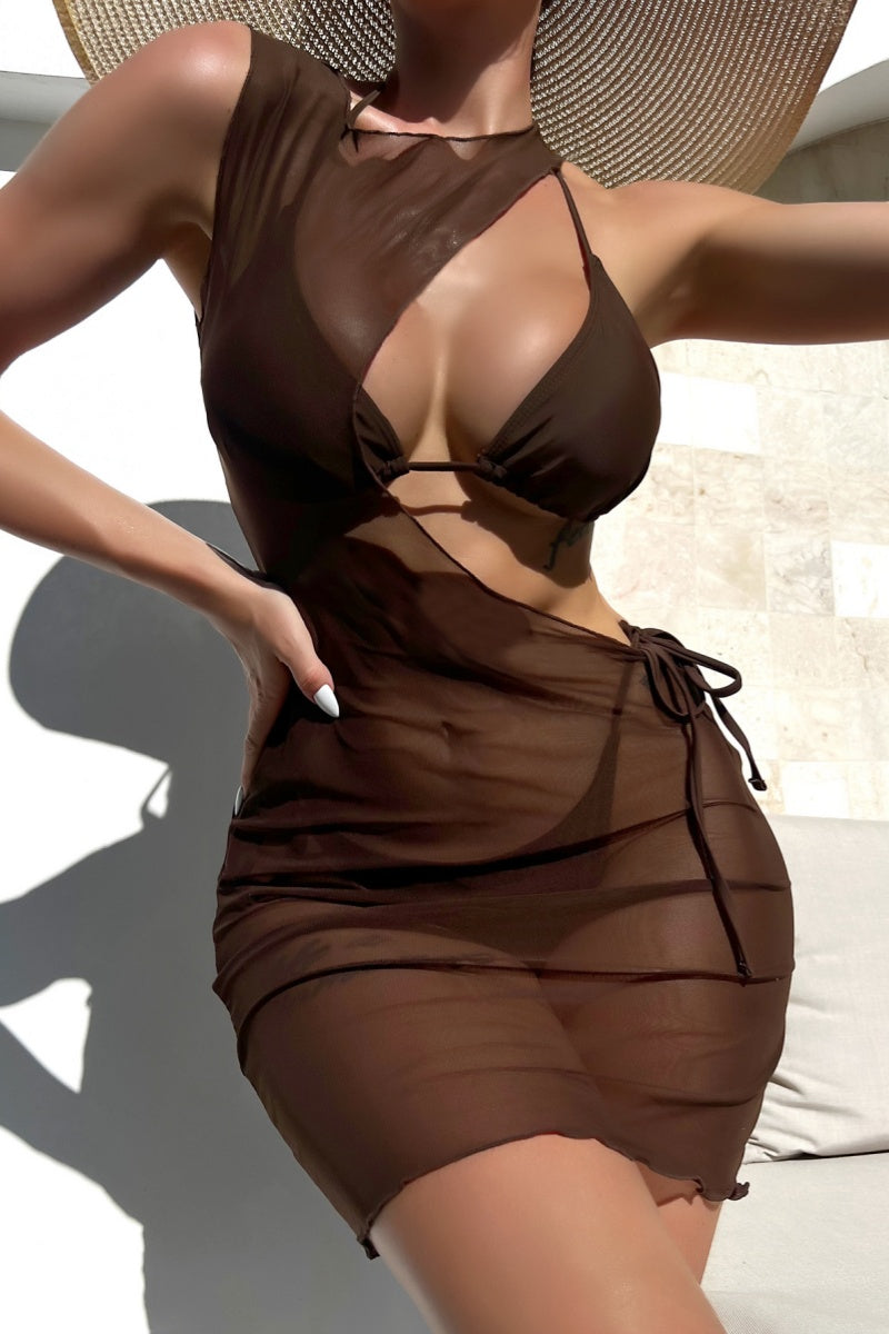 Sexy Solid Hollowed Out Frenulum See-through Backless Swimsuit Three Piece Set (With Paddings) Brown