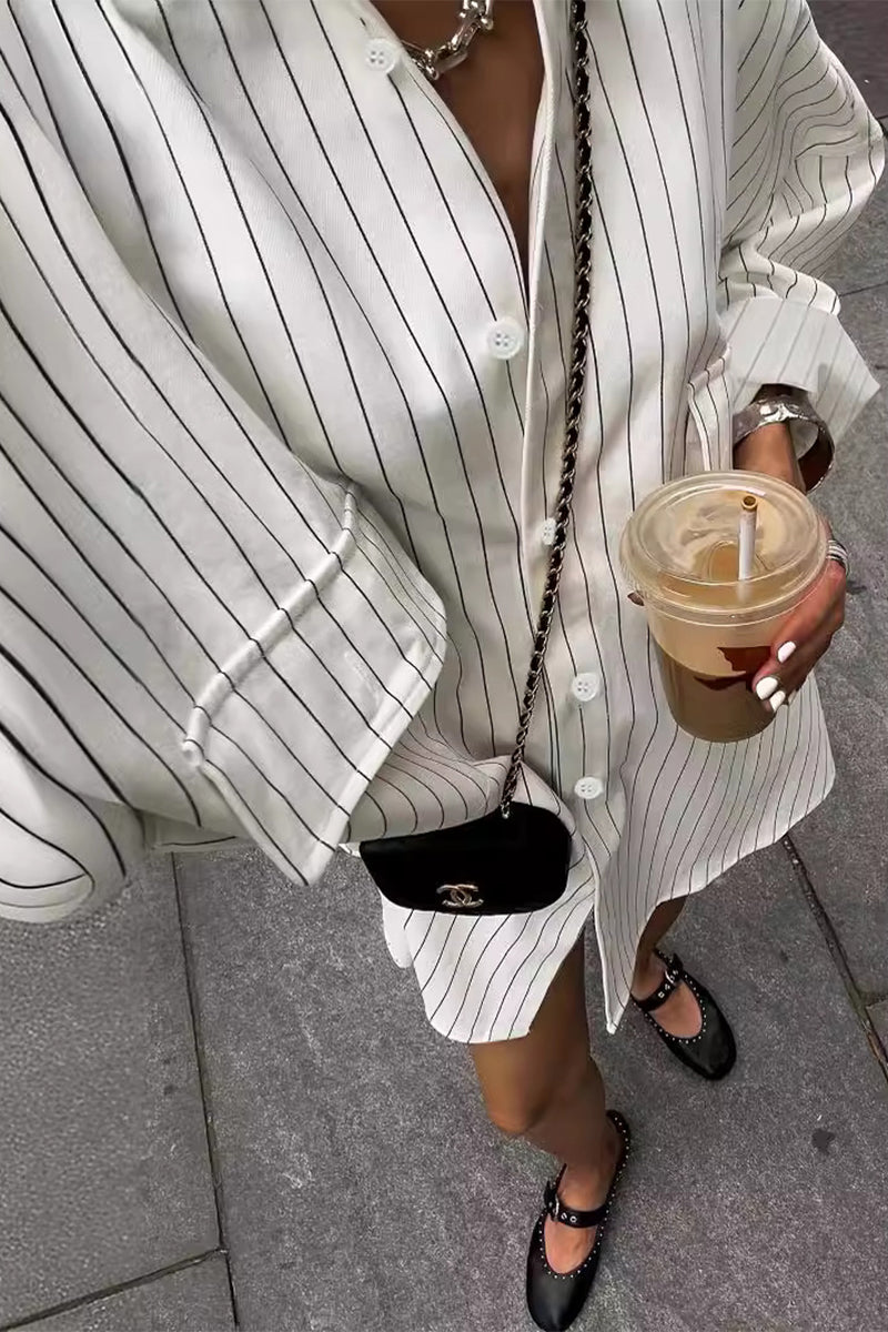 Casual Striped Print Pocket Turndown Collar Blouses