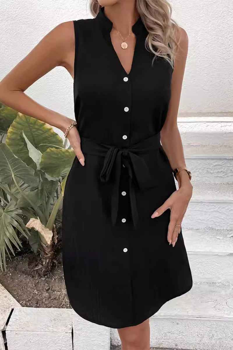 Elegant Solid Buckle V Neck A Line Dresses